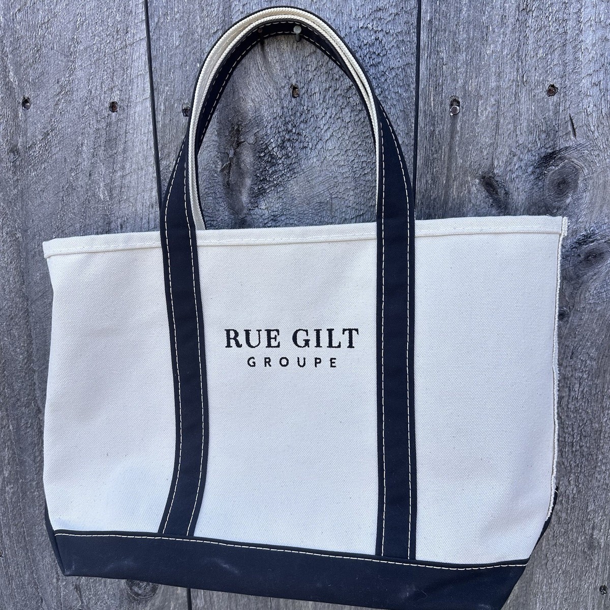 LL Bean Canvas Boat and Tote Medium Long Handle Blue STIFF Open