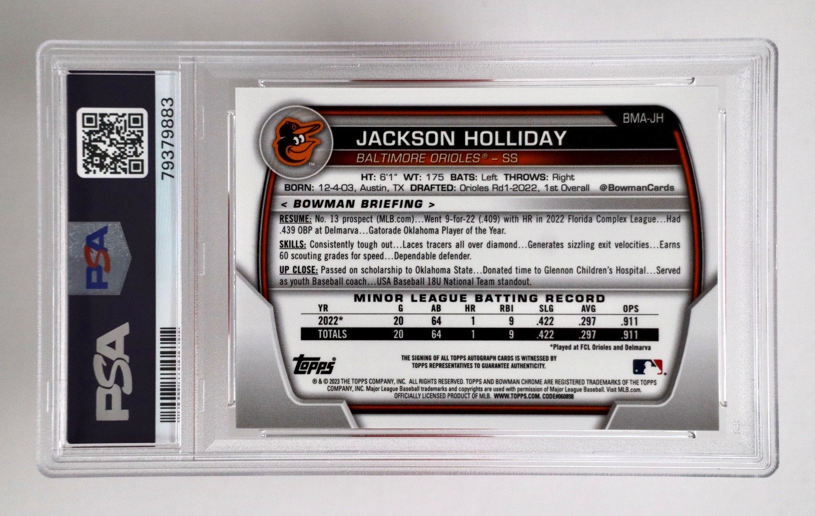 2023 Bowman Chrome Mega Box Jackson Holliday Mojo Auto PSA 10 Orioles A2 view 2