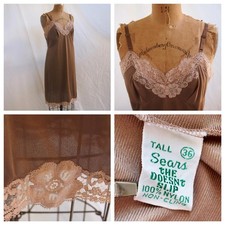 vtg SEARS Brown Full The Doesn't Slip Dress Floral LACE Non Cling Nylon 36 EUC