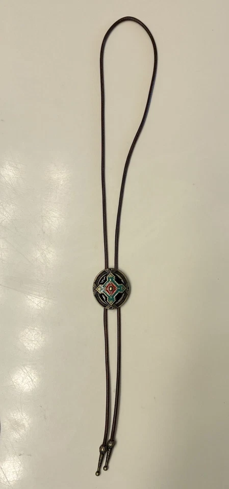 Vintage Style Western Bolo Tie Bronze Tone Enamel Cross Southwestern Design New - Image 2 of 4