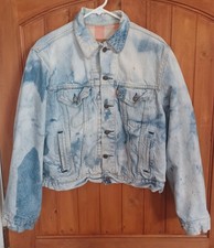 Vtg Levis Jacket Trucker Biker Flannel Lined Acid wash/Bleached Jean 90s 42R