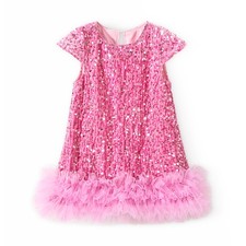 Girls Sequin Dress Sparkly Gown Party Dresses Little A-Line Velvet Dress Pink...