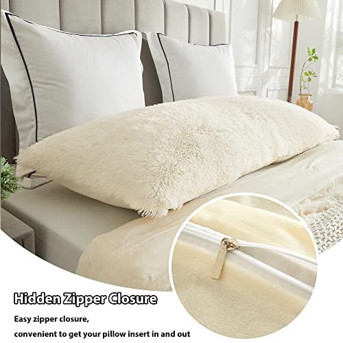 Off White Body Pillow Cover,Luxury Shaggy 54" x 20" (Pack of 1) Light Beige - Foto 5 di 6