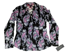 Tommy Hilfiger Button Up Shirt Women's S/P Paisley Black Pink V-Neck Cotton NWT