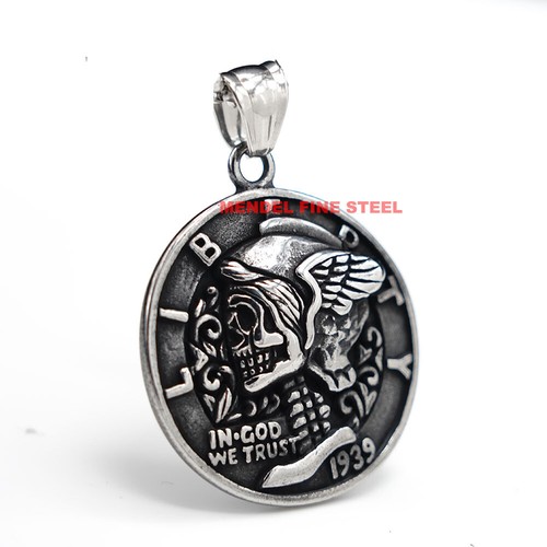 MENDEL Gothic Mens Stainless Steel Coin Biker Skull Punk Pendant Necklace Men - Picture 6 of 8