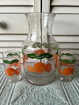 Vintage Anchor Hocking Orange Juice Carafe Pitcher With 2 Glasses New Condition