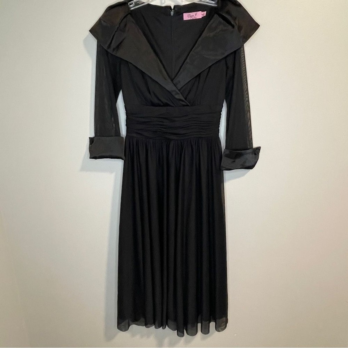 portrait collar cocktail dress Eliza J Black sheer 3/4 sleeve Size 4 fancy collar gown design Plus Size - Disney Size:custom tailored while the portrait collar corporate goth