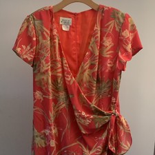 David Warren Vintage Dress Side Tie Faux Wrap Tropical Floral Size 14 USA