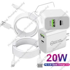 Fast Charger QC 3.0 PD 20W Power Adapter Cube USB Cable For iPhone 14 13 12 11 8