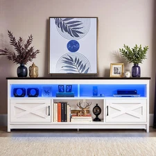 Farmhouse TV Stand for up to 75 in TVs With Open Shelves Power Outlet Barn Doors