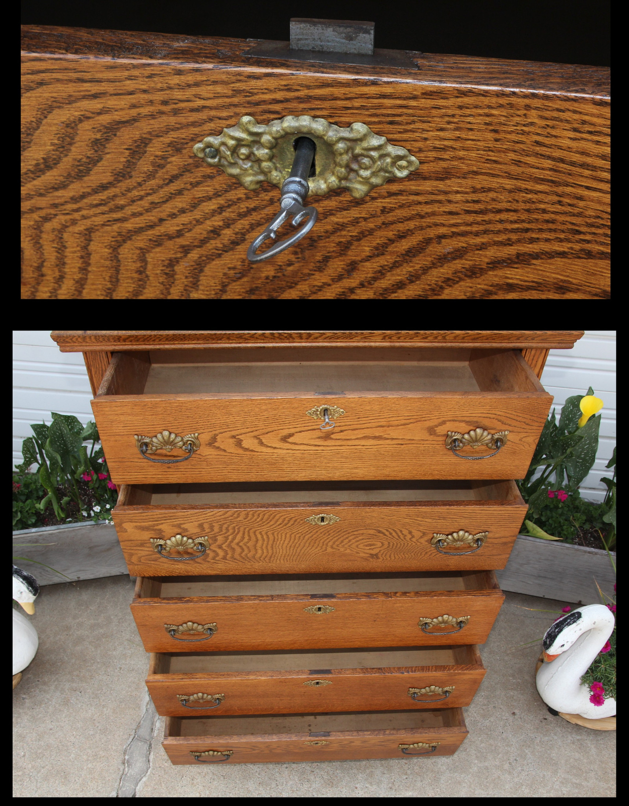 Antique Oak Highboy Chest of Drawers Beveled Mirror Applied Leaf