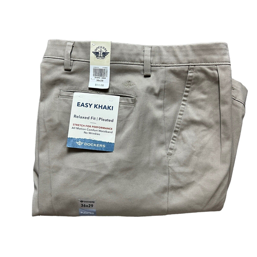 Dockers Dress Pants Mens 36x29 Tan Easy Khaki Pleated Relaxed Fit Cuffed Stretch 191291243938 eBay