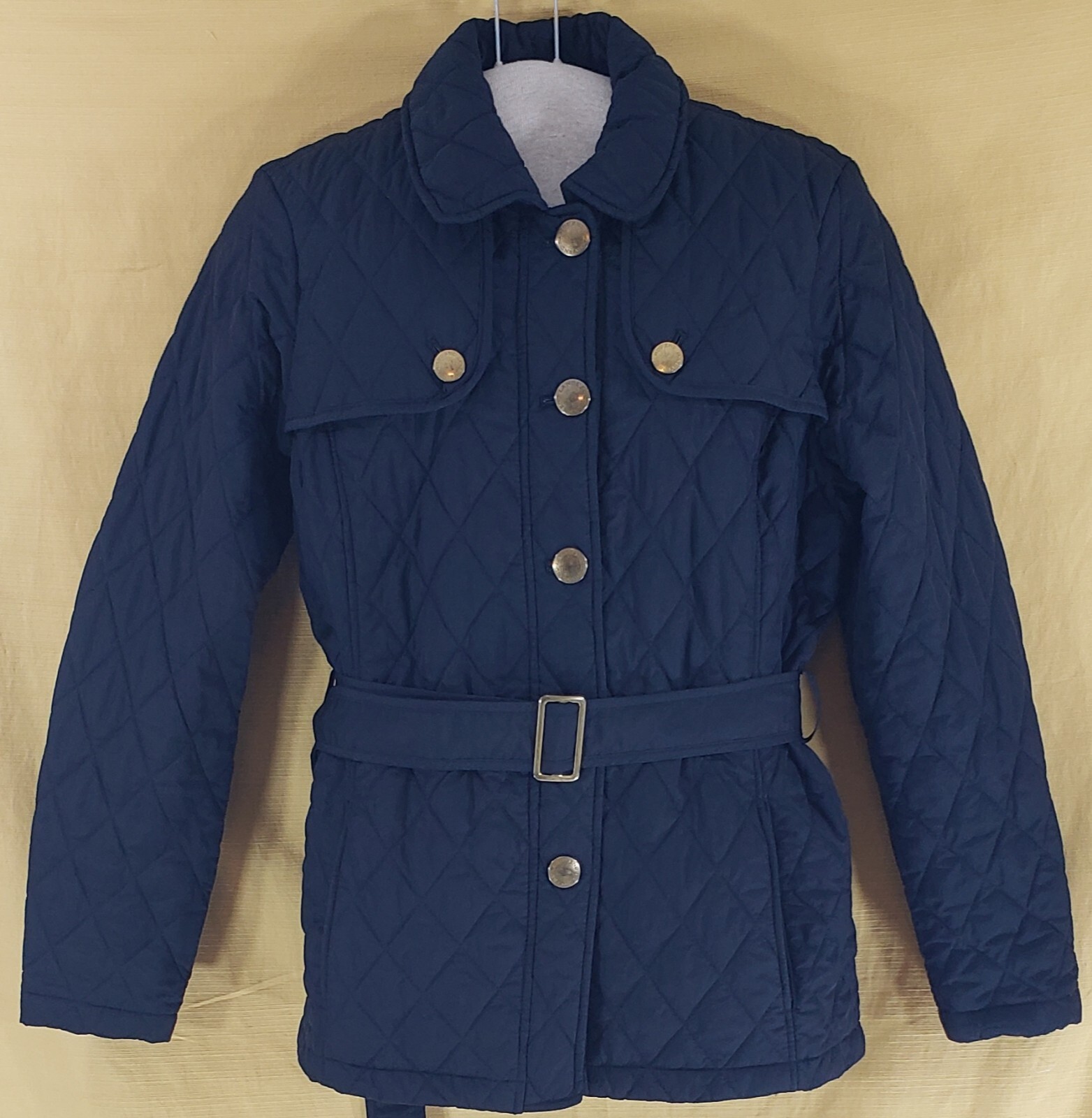 Womens Lands End Quilted Jacket Black Button Front Belted Size Large eBay