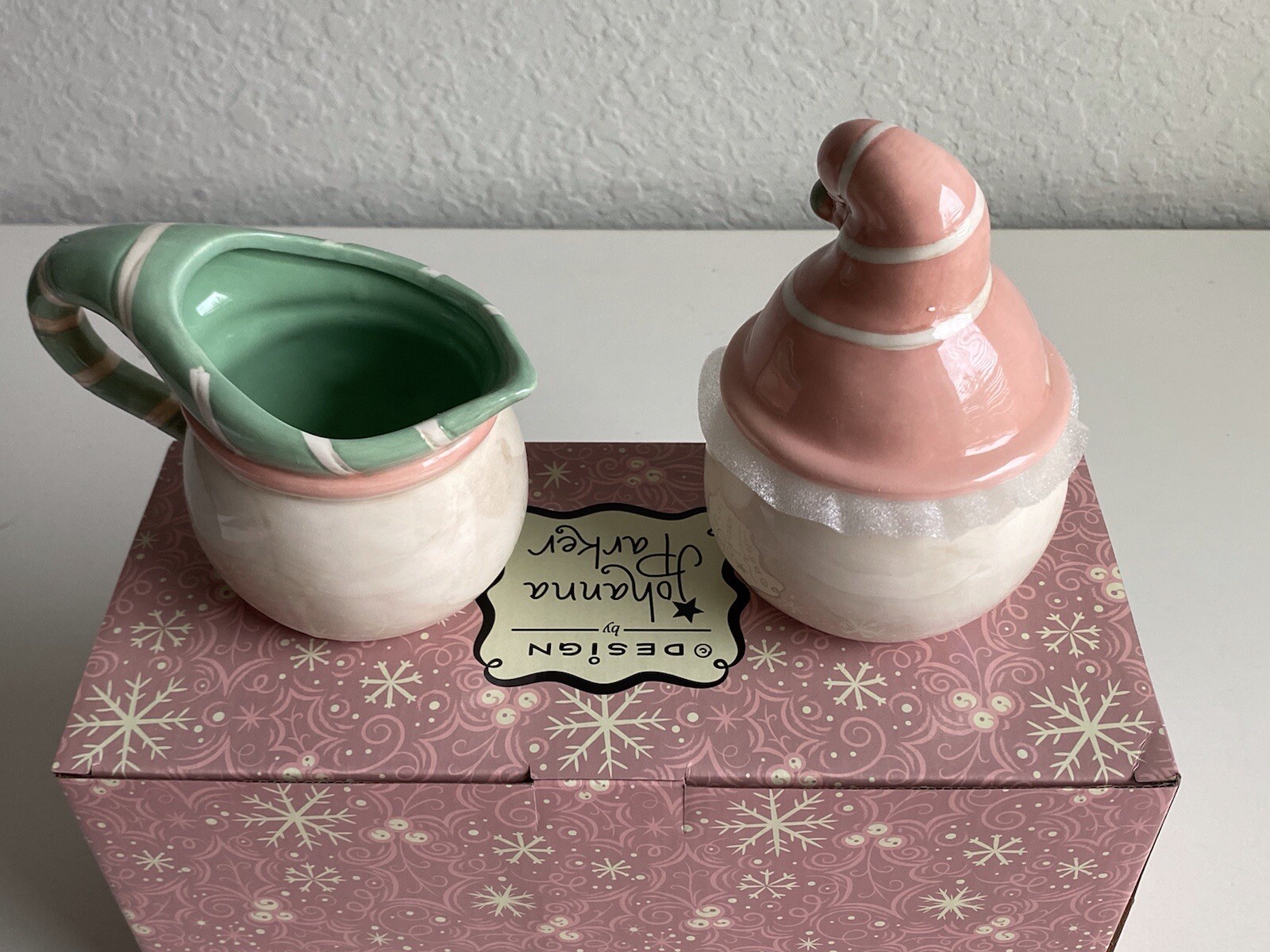 Johanna Parker Christmas Snowman Elves Elf Pink Green Sugar And Creamer