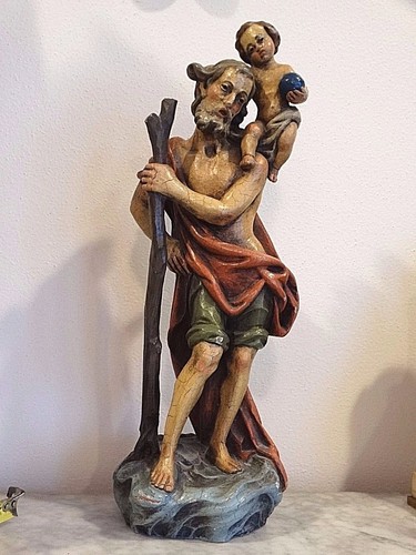Katholische Vintage Lepi Holz geschnitzt Heilige Statue Heiliger Christophorus & Jesus Christus - Bild 2 von 10