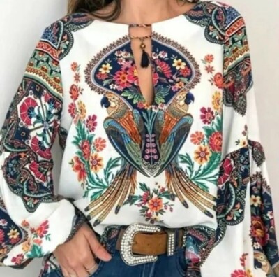  Peasant Bohemian Parrot Birds Flores Lantern Sleeves Split Neck Tassel Tie NEW