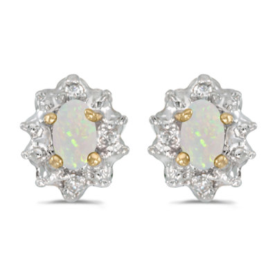 Ohrringe 10 Karat Gelbgold ovaler Opal und Diamant