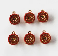 VINTAGE 6 GLASS BEADS BRICK RED w/ GOLD HEARTS • 9mm 39ss • Pendant or Connector