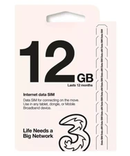 Three PAYG Preloaded 12GB 4G 5G Data SIM Mobile Broadband lasts upt0 12 months