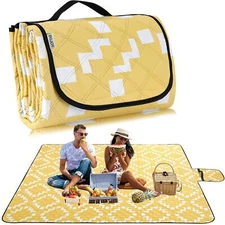 Waterproof Sandproof Travel Blanket Large Yellow Picnic Mat for 2-4 Adults Li...