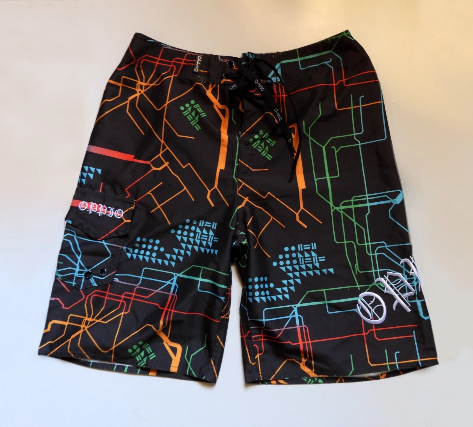 Men’s OPPIO Multicolor Circuit Black Swim Shorts Board Shorts Boardies Size 30