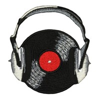 Novelty Iron On - Music Themed Rock N Roll Record With Headphones Black Logo ... on sale Novelty Iron On - Music Themed Rock N Roll Record With Headphones Black Logo ... on sale