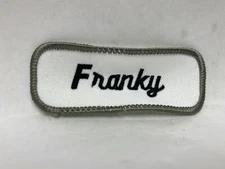 FRANKY  USED EMBROIDERED VINTAGE SEW ON NAME PATCH TAGS GREY WITH BLACK ON WHITE