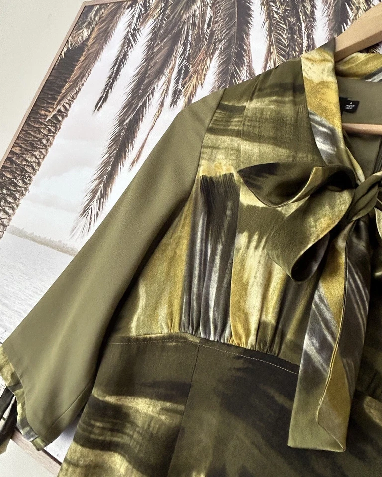 Vestido lápiz RICKIE FREEMAN Teri Jon estampado de seda cuello atado talla US 6 AU 10 Foto 4 de 4