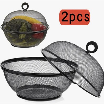 Set of Two Robust Metal Baskets for Fruits and Vegetables Featuring A Lid New