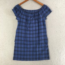 Madewell Mini Dress Womens 0 Off The Shoulder Linen Blend Casual Plaid Blue