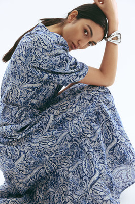 H&M Maxi Shirt Dress Blue Paisley Cotton Boho Prarie  Cottagecore Flowy XS NWT