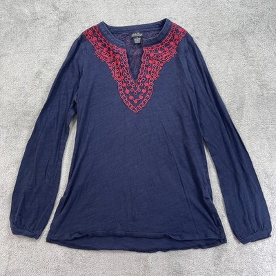 Lucky Brand Stella Tunic Shift Dress Womens Small Navy Blue Embroidered Cotton