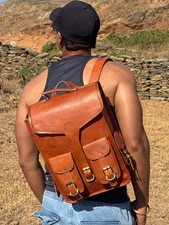 Men s Vintage Goat Leather Backpack Genuine Brown Laptop Travel Rucksack