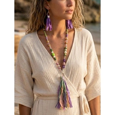 Laiclay Hand Crafted Boho Purple Beaded Silk Tassel Necklace & Earrings
