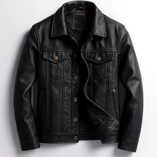 Herren Echt Leder Trucker Jacke Vintage Denim Style Cafe Racer Knopfleiste