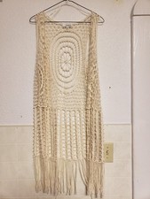 Vest Boho Festival Hippie Vintage Thin Crochet Open Knit Fringe Beige Cream M/L