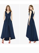 Alfred Sung Sleeveless Pleated High-Low Dress D723 Navy V-Neck Satin Dress Sz 2
