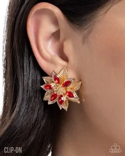 Paparazzi jewelry Perceptive Poinsettia Clip On Earrings - Red Gem & Gold Flower