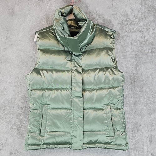 Talbots Down Puffer Vest Womens Size M Green Satin Turtleneck Insulated Full Zip - Picture 1 of 7