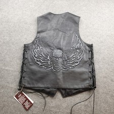 NWT Xelement Leather Motorcycle Vest Mens Small Black Embossed Skull Wings Biker