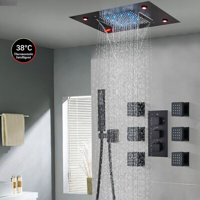 LED Rain&Waterfall Shower Faucet Set Thermostatic Valve Massage Shower System