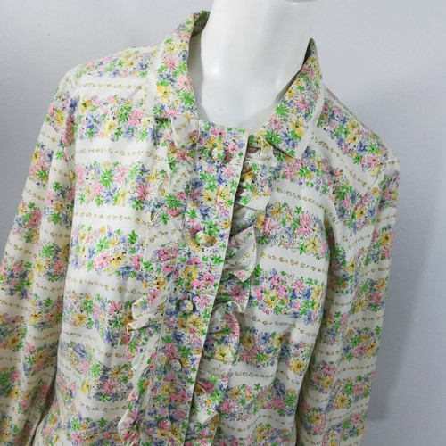 Vintage Floral Shift Dress Size L? 60s 70s Mod Pockets Ruffles Long Sleeve Pink - Picture 7 of 11