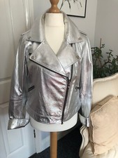 Bnwt Leather Biker Jacket Uk Size 14 Soft Nappa Leather Metallic Silver