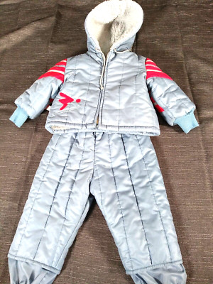 Outer  Works Coat Pants Set 2 Boys Ski Sherpa Blue Red Striped Hood Suspenders