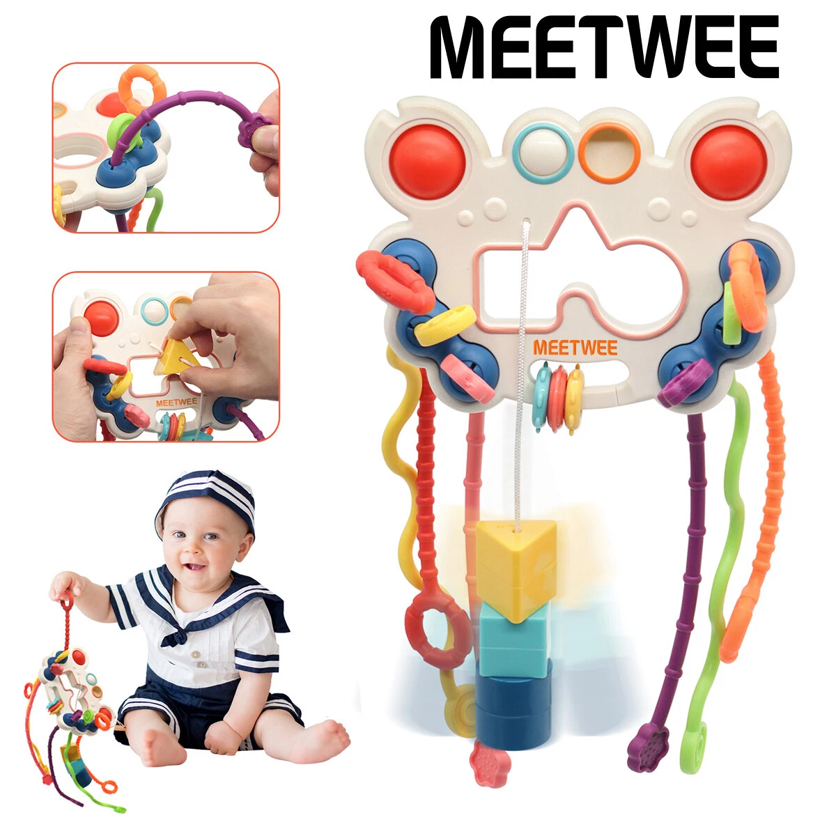 MEETWEE Montessori Sensory Silicone Pull String Teething Toy for Toddlers Baby