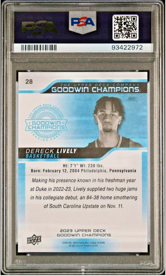2023 UD Goodwin Champions 28 Dereck Lively ROOKIE PSA 10 GEM-MT Duke Very LO POP - Image 2 of 3