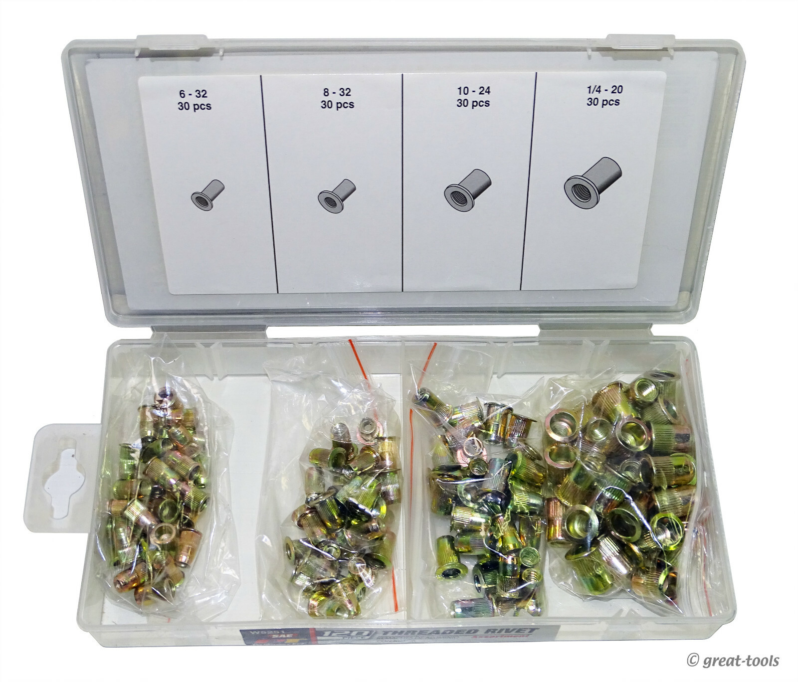 RIVNUT ASSORTMENT, 120-pcs, sae sizes, rivet nuts, fasteners, threaded ...