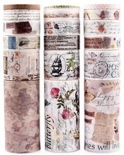 18 Rolls Vintage Washi Tape Set,75/30/15/10/5Mm Wide Floral Map Stamp Letter Ant