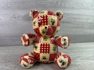 VTG Quilt Patchwork Teddy BEAR Piggy BANK Paper Mache 7” CERAMIC
