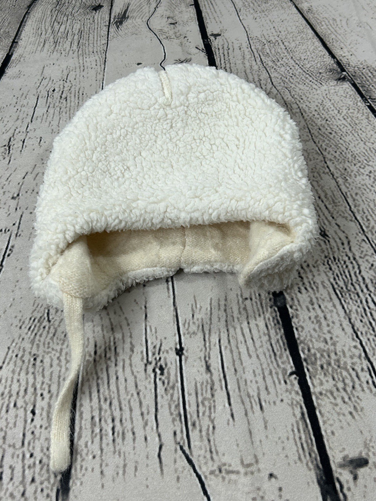 Soft Sherpa Lined Baby Size 0-6 months Winter Beanie Cap w/Strap Beige